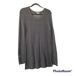 NWOT Gray Open Knit Long Tunic Sweater W Crocheted Back N Cuffs. Women's M